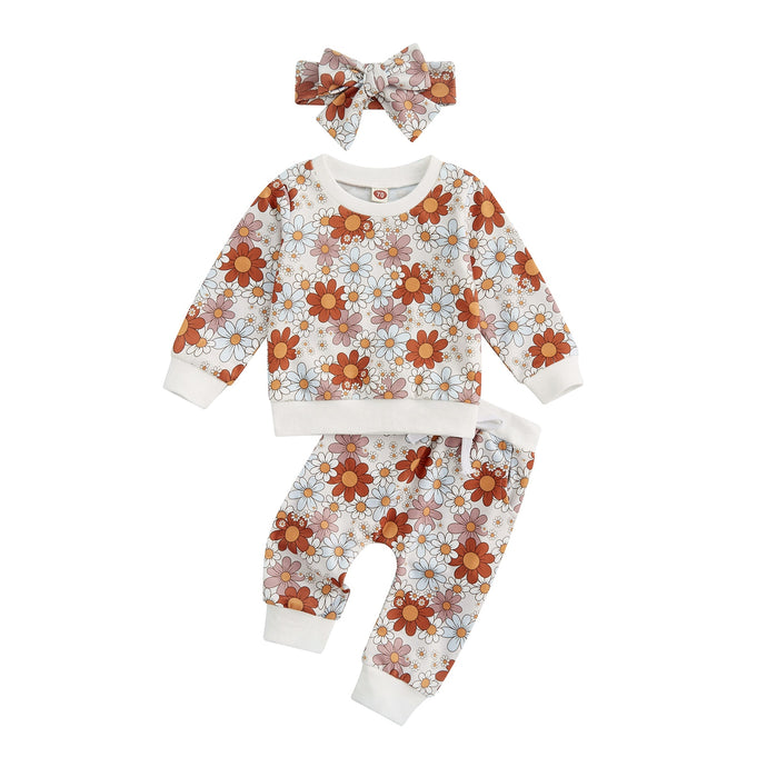 Toddler Kid Baby Girl Long Sleeve Flower Print Pullover Pants and Headband Matching Outfit