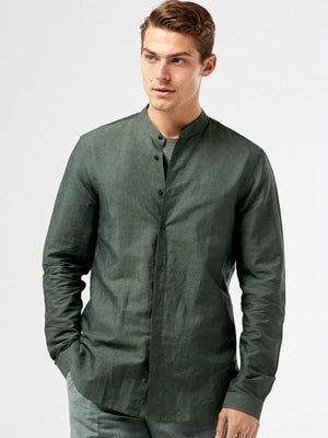 Men's Linen Shirt - Calibre Long Sleeve Stand Collar Shirt 