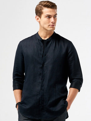 Men's Linen Shirt - Calibre Long Sleeve Stand Collar Shirt 
