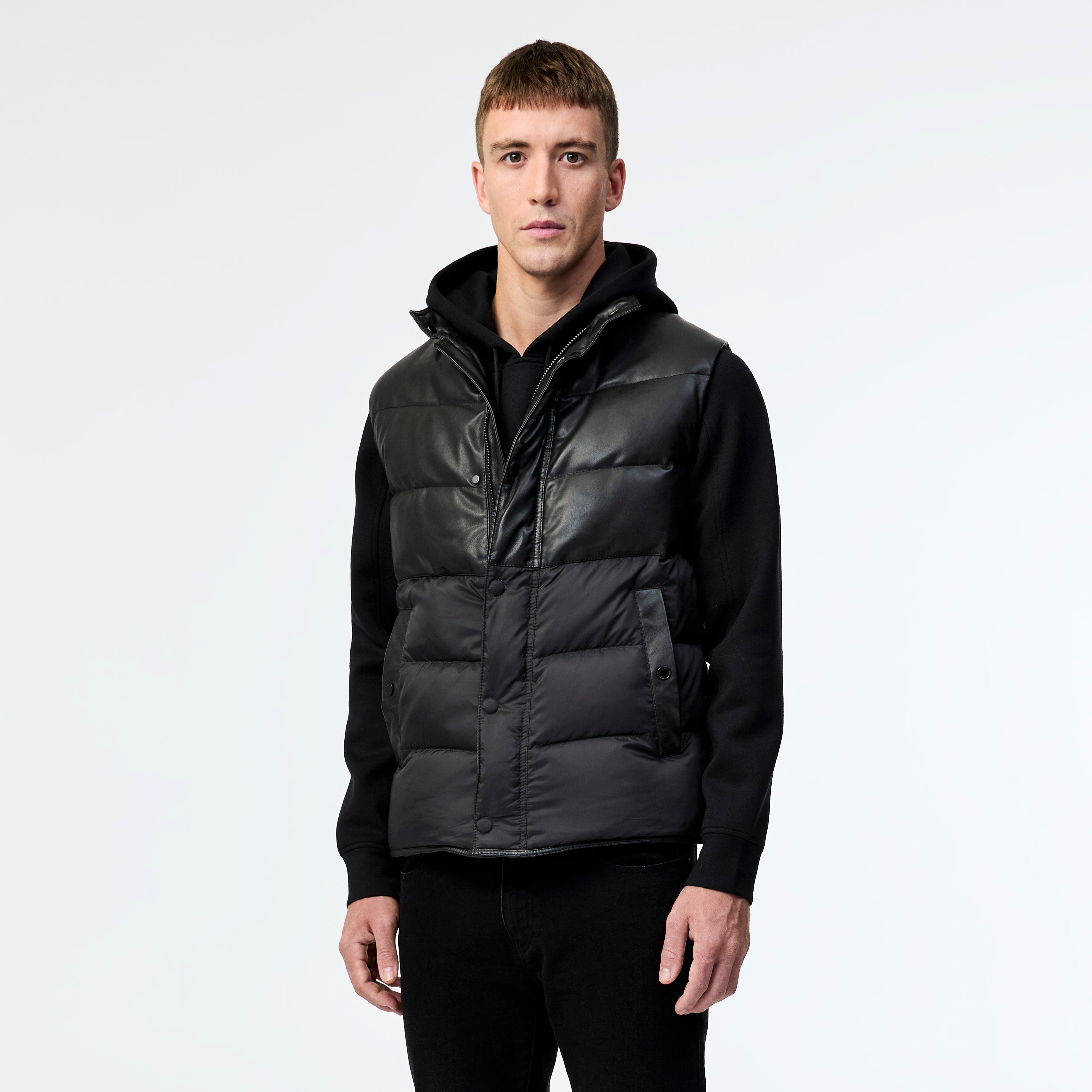 Leather Paneled Down Gilet Black - Calibre Menswear