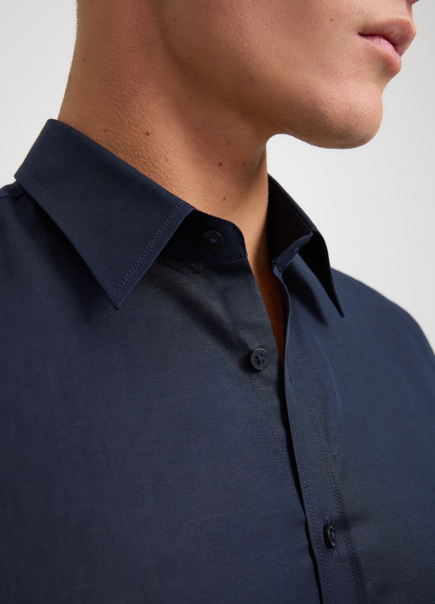 Navy Blue Button Down Cotton Linen Shirt –