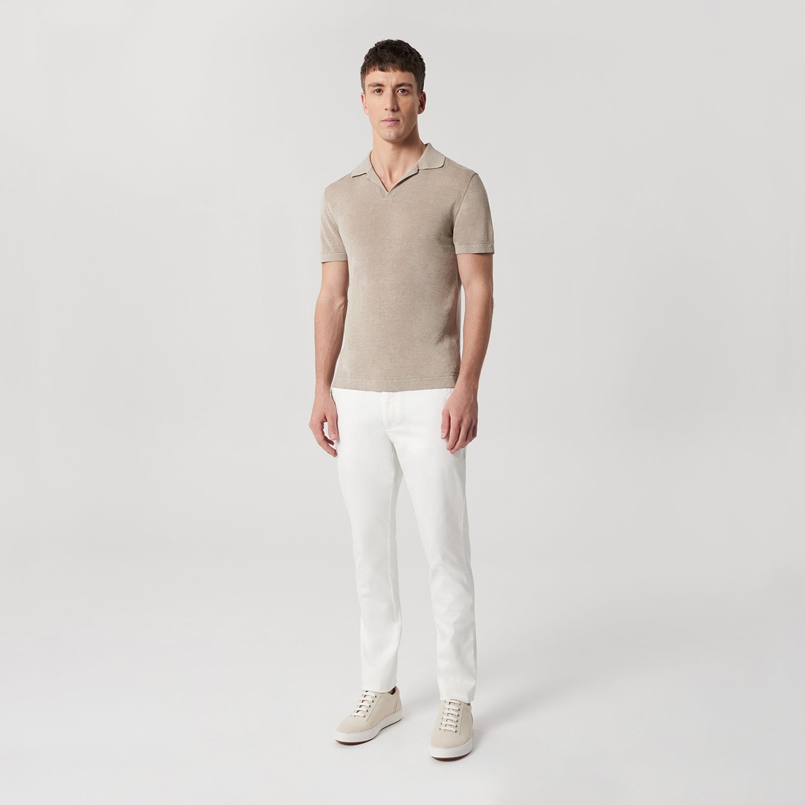 Short Sleeve Linen Tech Knit Polo Natural - Calibre Menswear