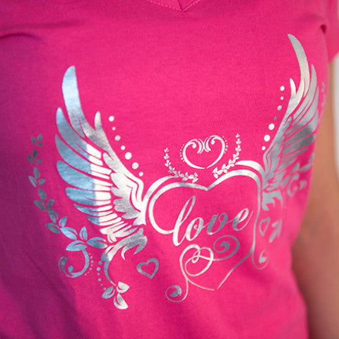 Neonroze t-shirt gemarkeerd met Flex Soft zilver zilver