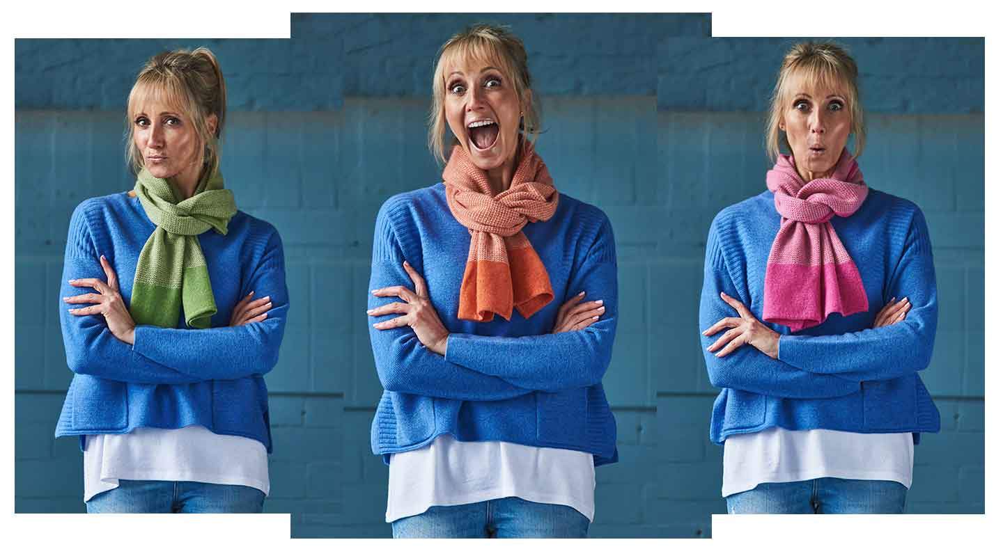 a-woman-in-a-blue-cashmere-jumper-with-arms-folded-posing-for-three-photos-with-different-colour-scarves
