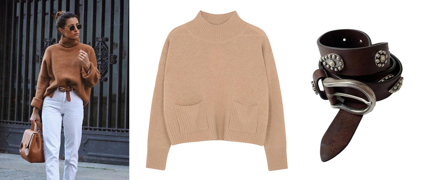 camel cashmere jumper and leather belt outfit inspiration