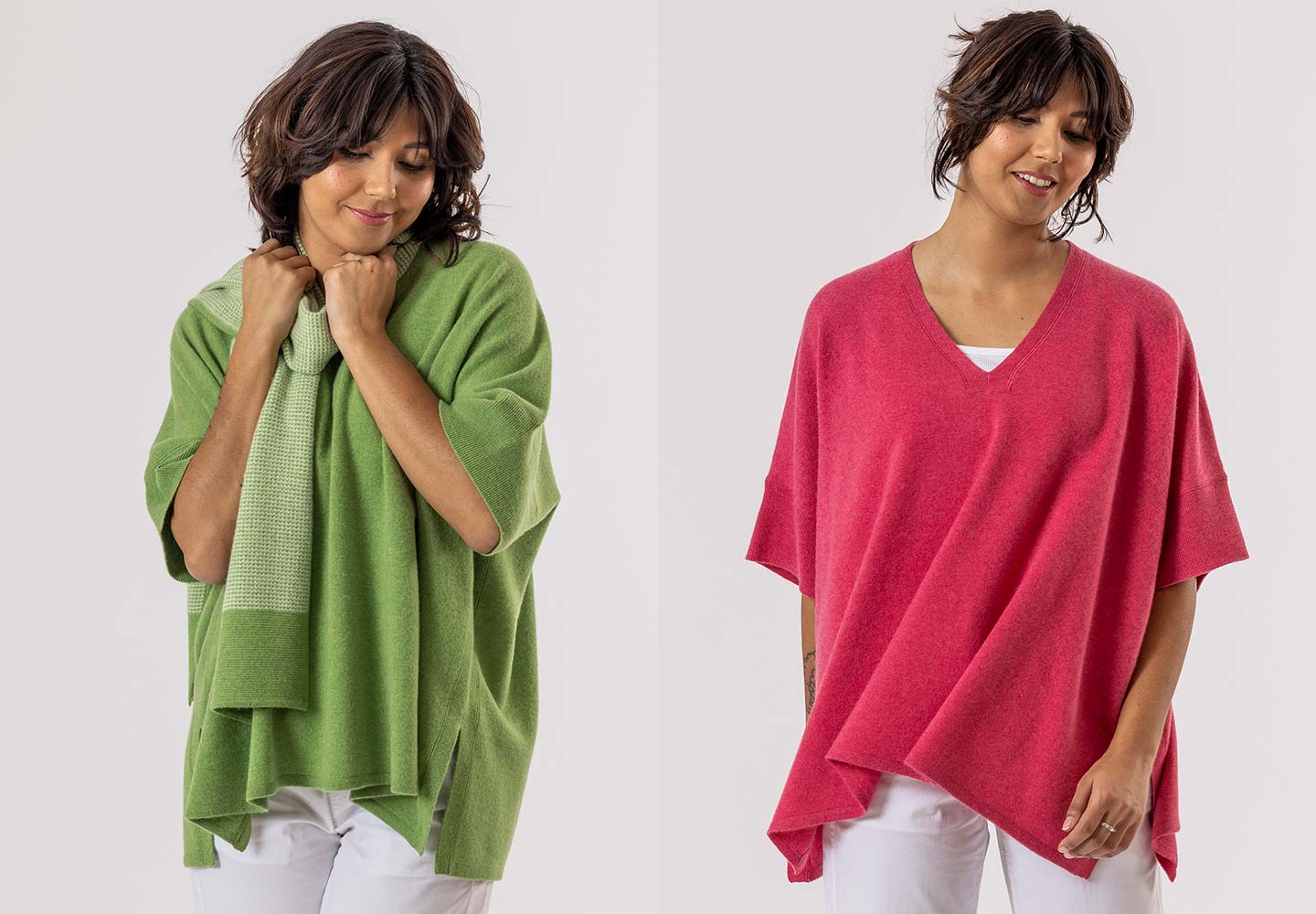 short sleeve cashmere kimonos in grass court and dianthus pink