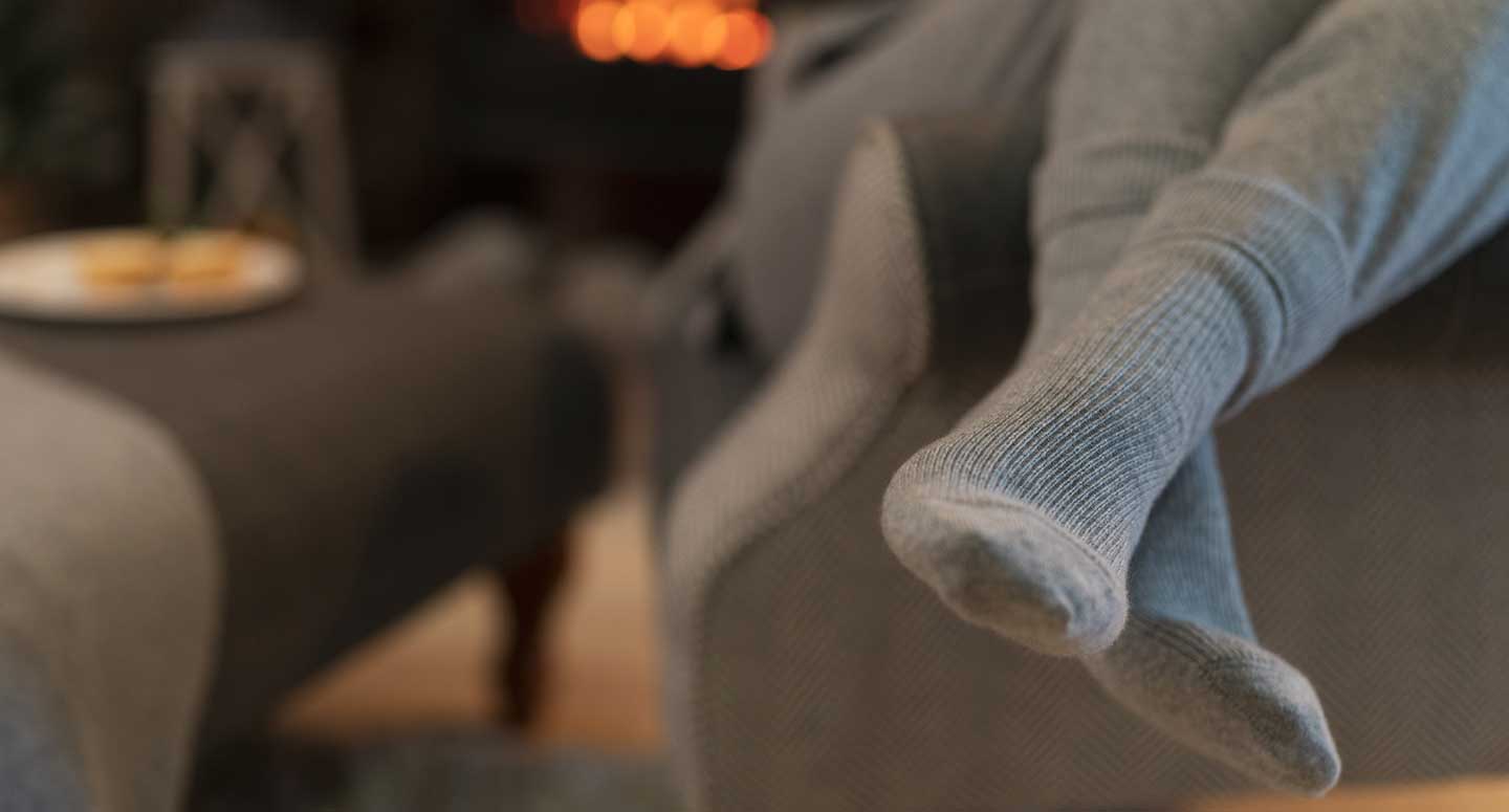 grey cashmere socks worn cosy at home with cashmere joggers