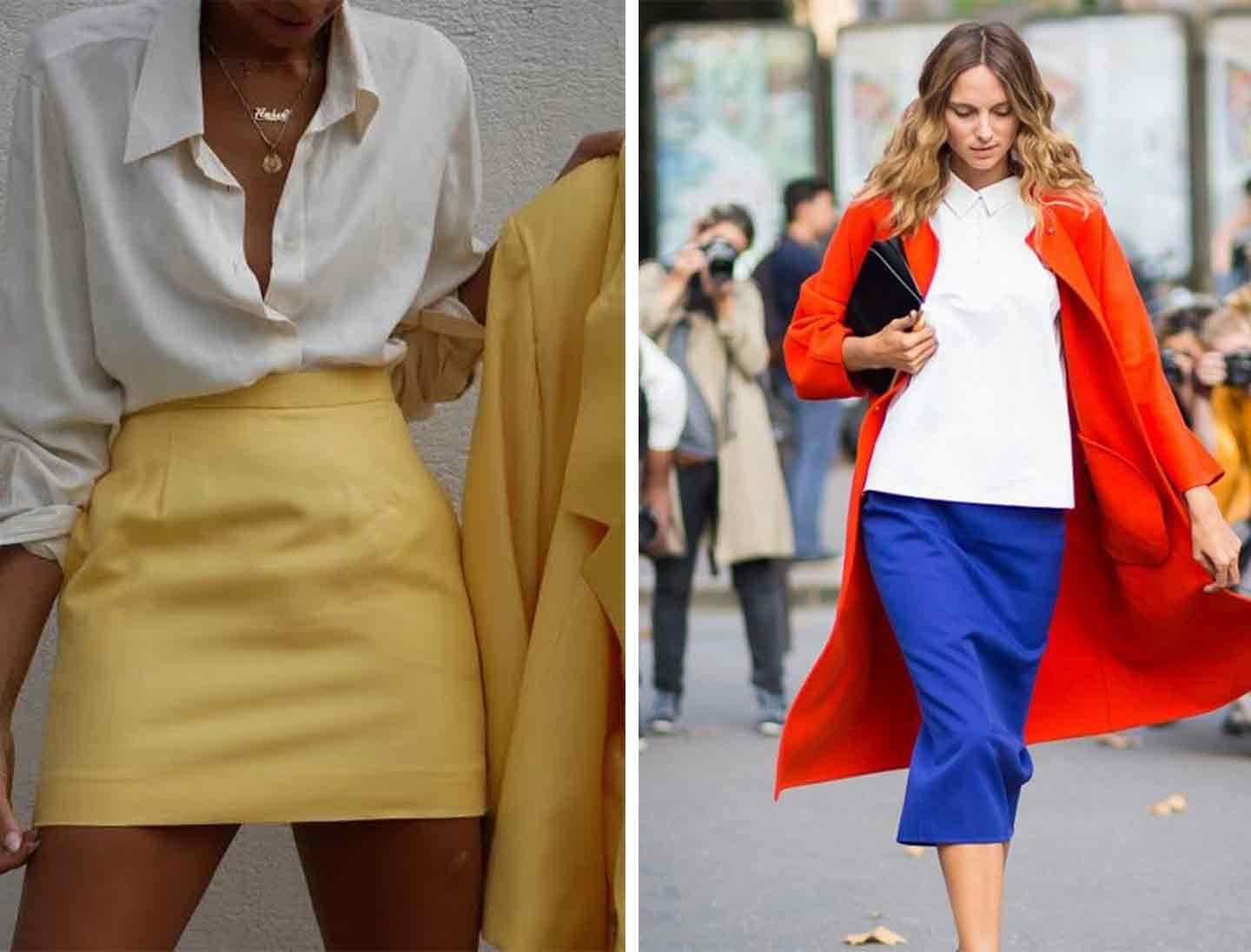 two images of woman wearing white shirts with colourful skirts