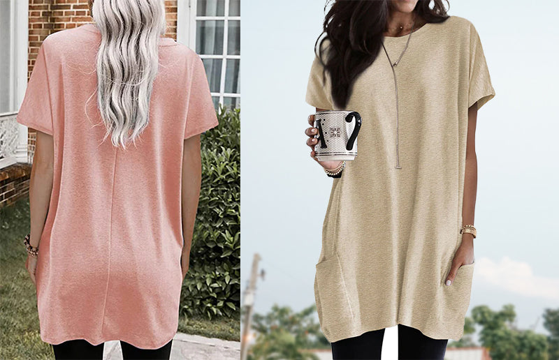 Women in pastel & beige oversized tunic shirts, one holding a mug.