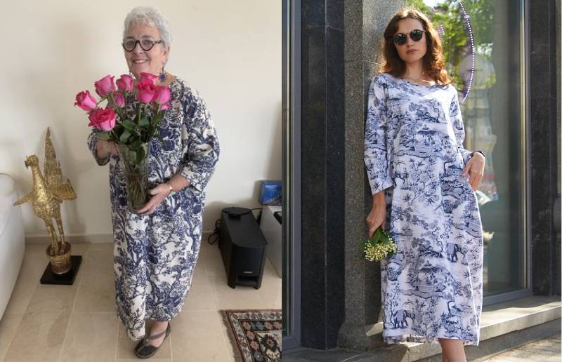 Two women in blue & white patterned outfits with pink roses