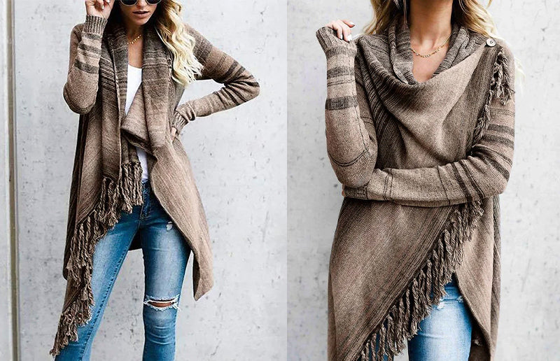 Fashion-forward fringe shawl jacket with Aztec design.