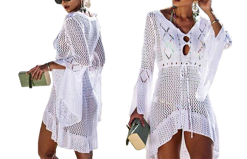 White crochet beach dress with V-neck and drawstring waist, lightweight.