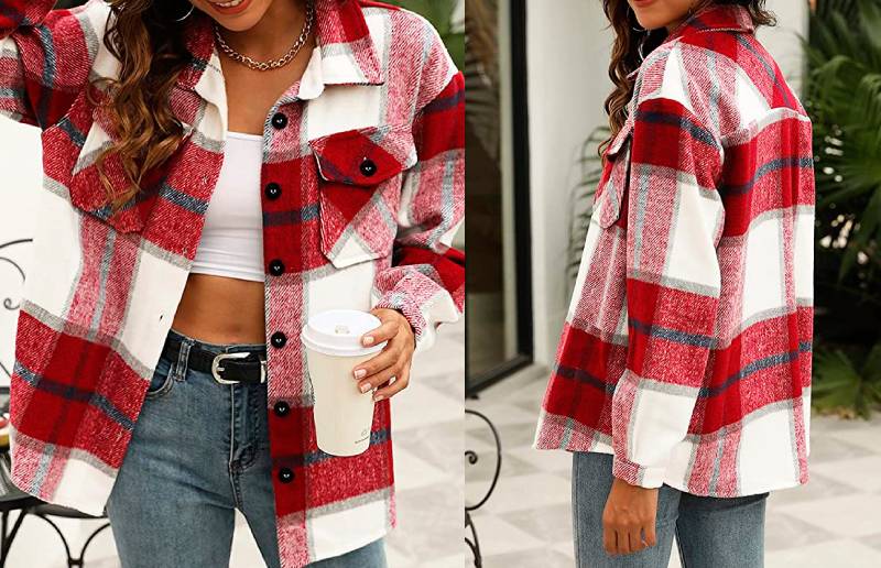 Casual red and white plaid shirt jacket style showcased in a collage.
