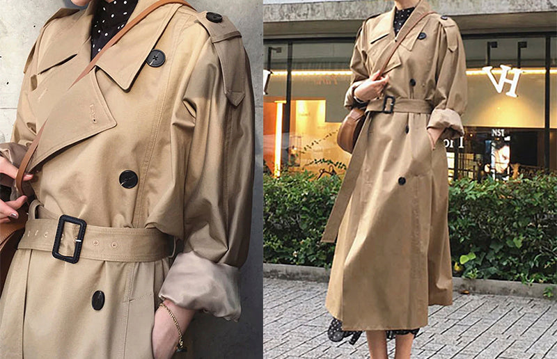 Stylish long trench coat for a modern winter look.