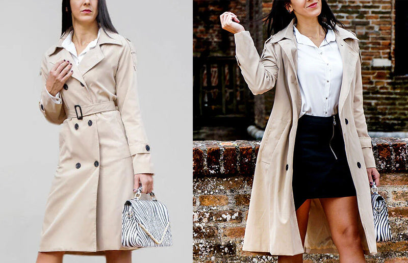 Elegant long trench coat for classic outerwear fashion.