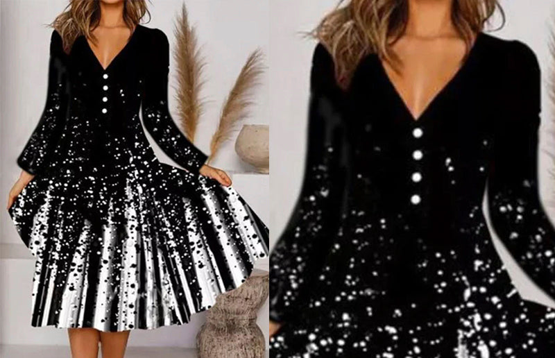 Black and white splatter-pattern dress, long sleeves, V-neck, flared skirt.