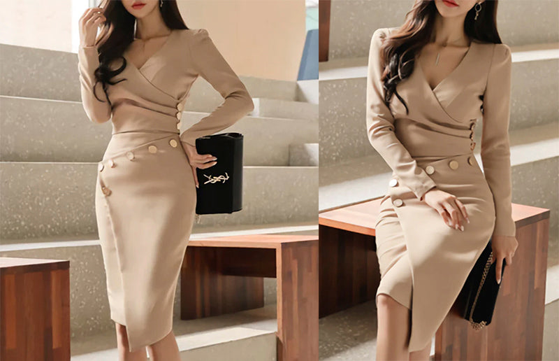 image of a woman wearing Stylish Button V-neck Pencil Dress