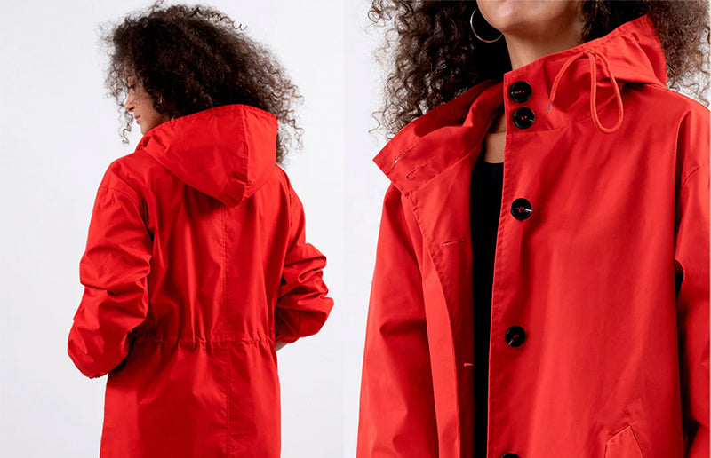 Split view of a red, hooded, water-resistant windbreaker on a model.