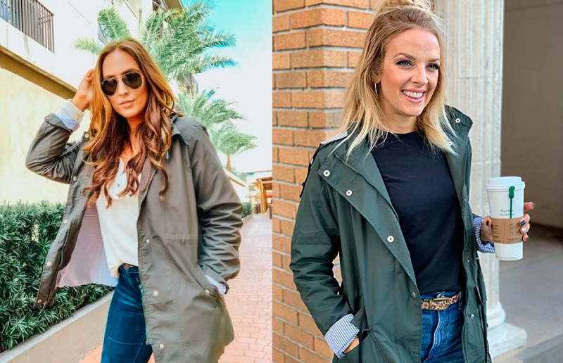 Stylish women in olive-green jackets, denim, and sunglasses outdoors.