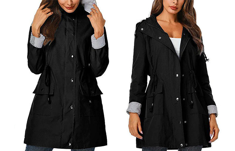 Chic water-resistant hooded windbreaker for rainy days.