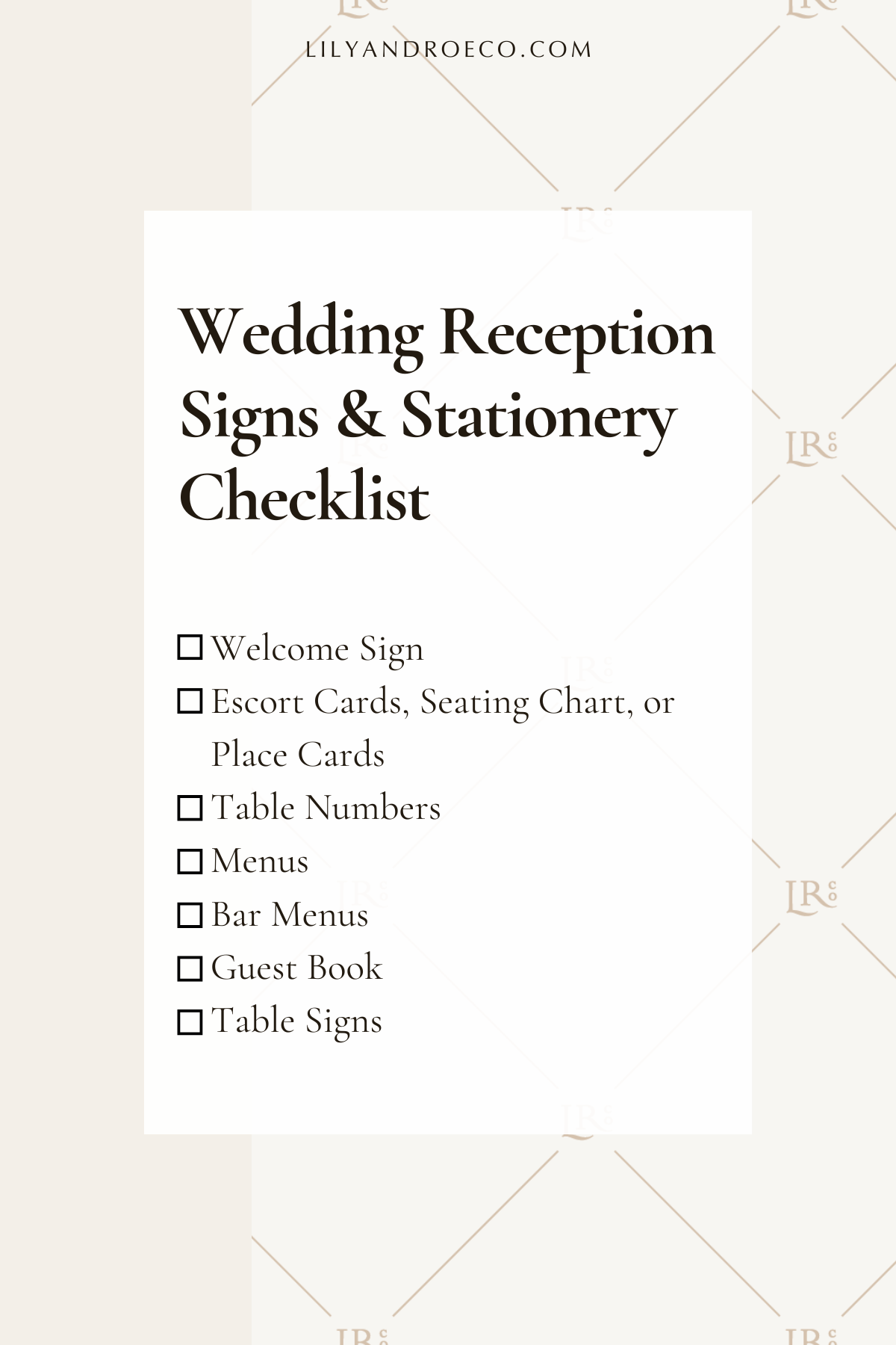 wedding reception signage and paper checklist