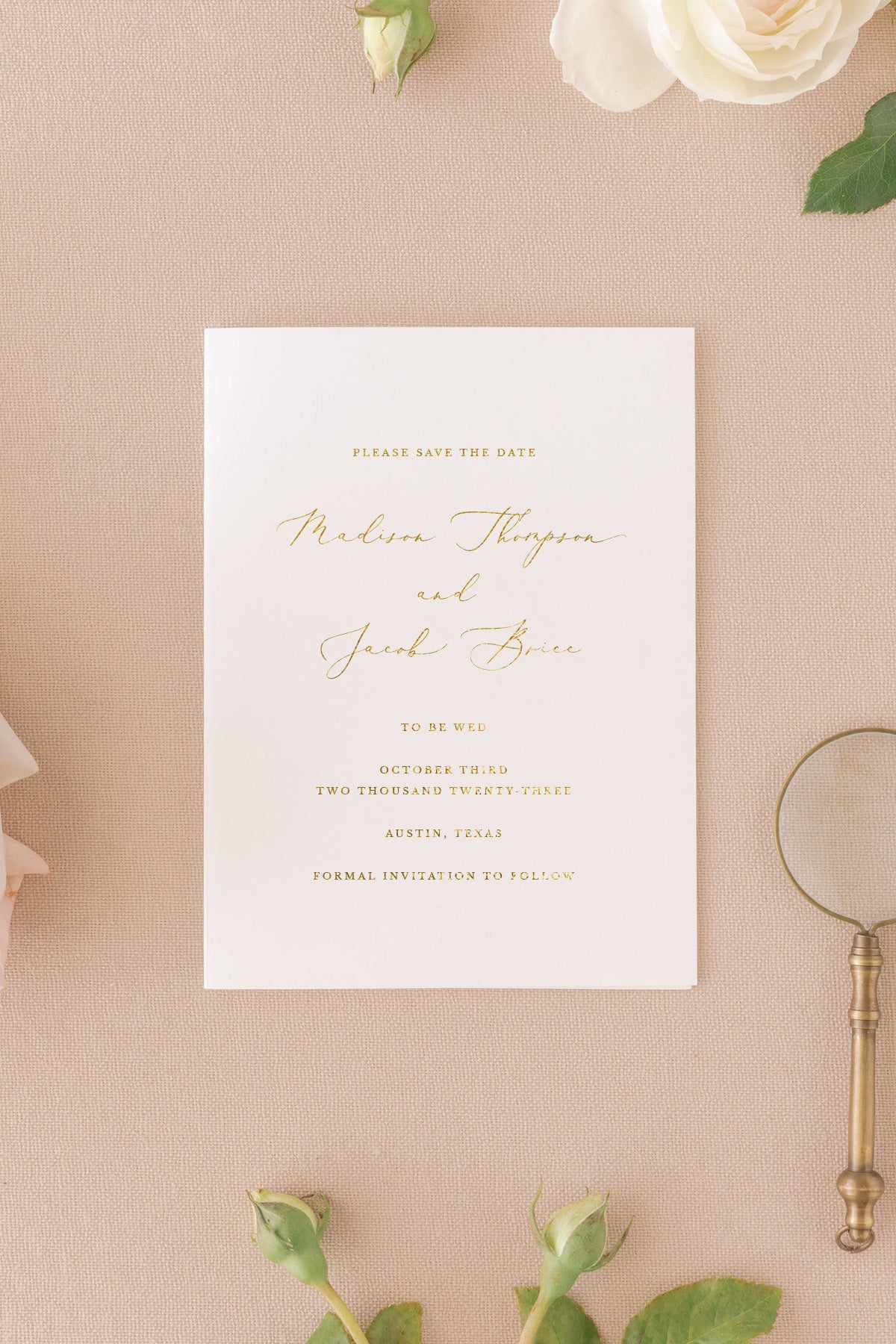 Save the Date Wedding Card Ivory Cardstock Rose Gold, Silver Foil