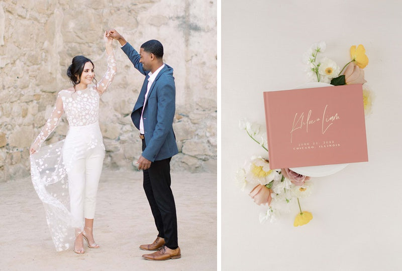 Canyon pink wedding guest book with gold foil-pressed calligraphy from Lily & Roe Co.