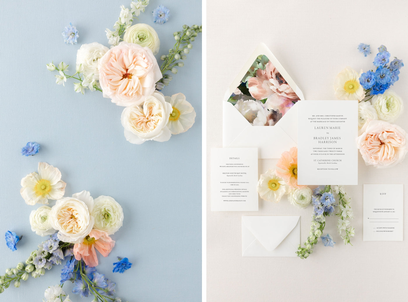 Flatlay of custom wedding invitations with a floral envelope liner by Lily & Roe Co.