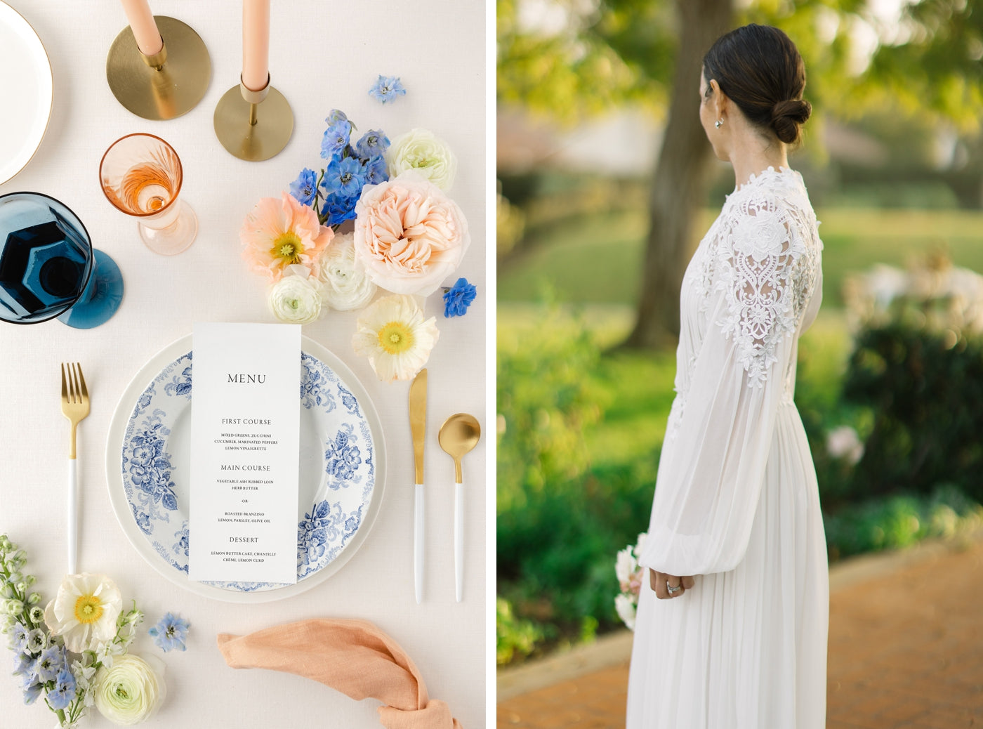 Classic menu card on a patterned plate for a wedding, Menu and invitations by Lily & Roe Co.