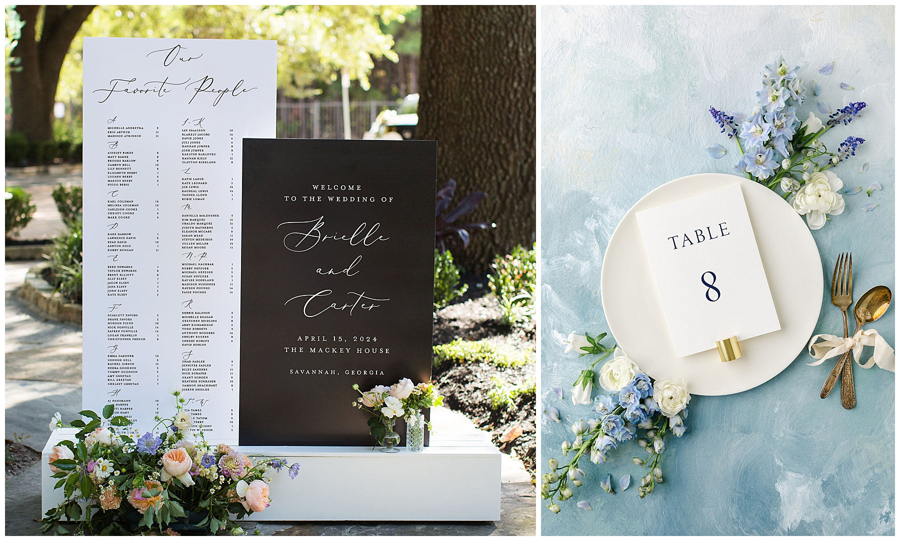 black and white rectangle seating chart sign with flowers