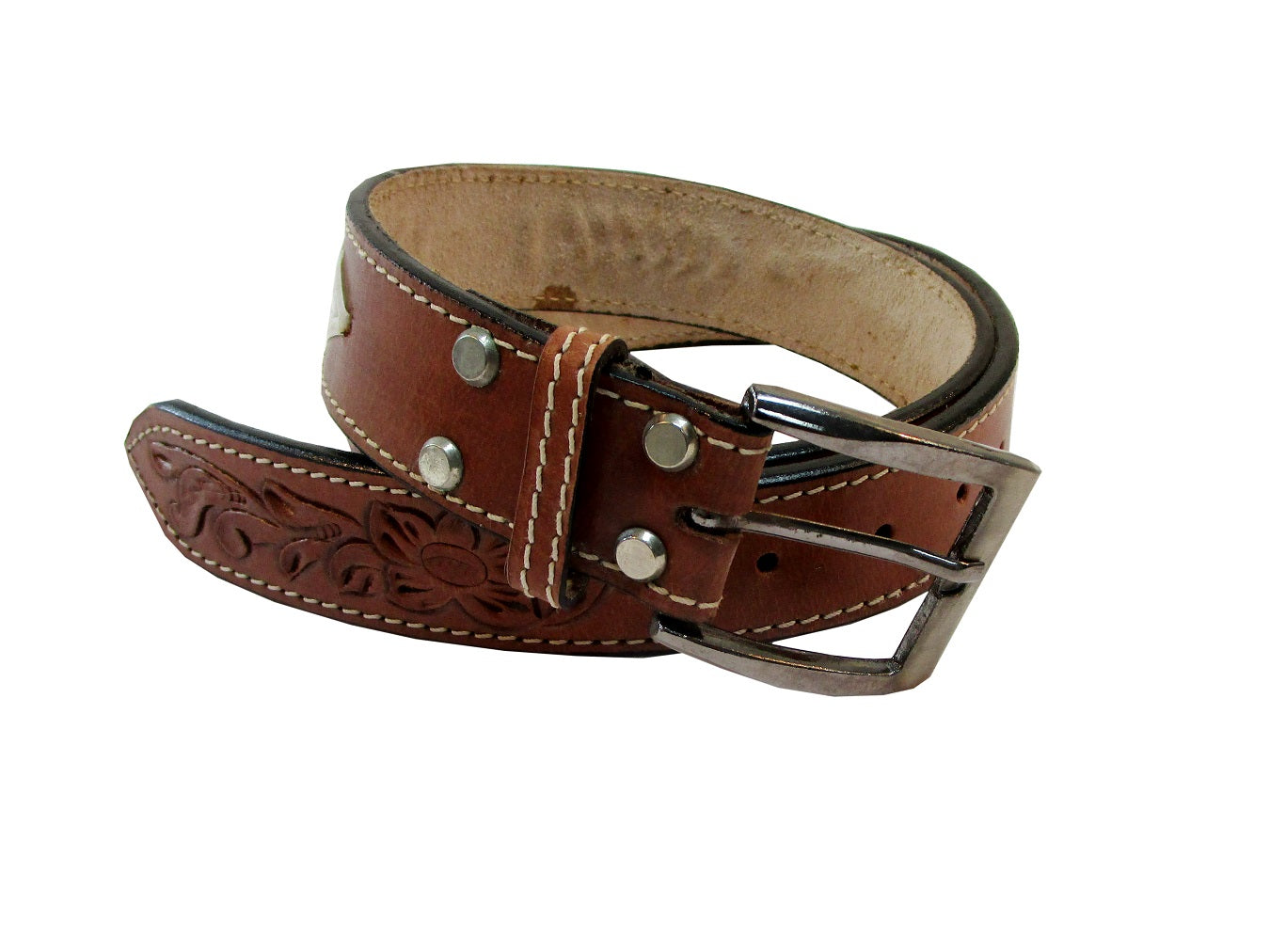Buffalo Buckle Tooled Brown Leather Belt Removable Belt 