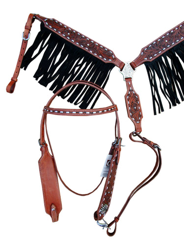 Black Fringe Western Headstall Breast Collar Set Tooled Leather Horse