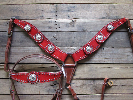 Horse Show Bridle Western Leather Rodeo Headstall Breast Collar Red Ha —  Challenger