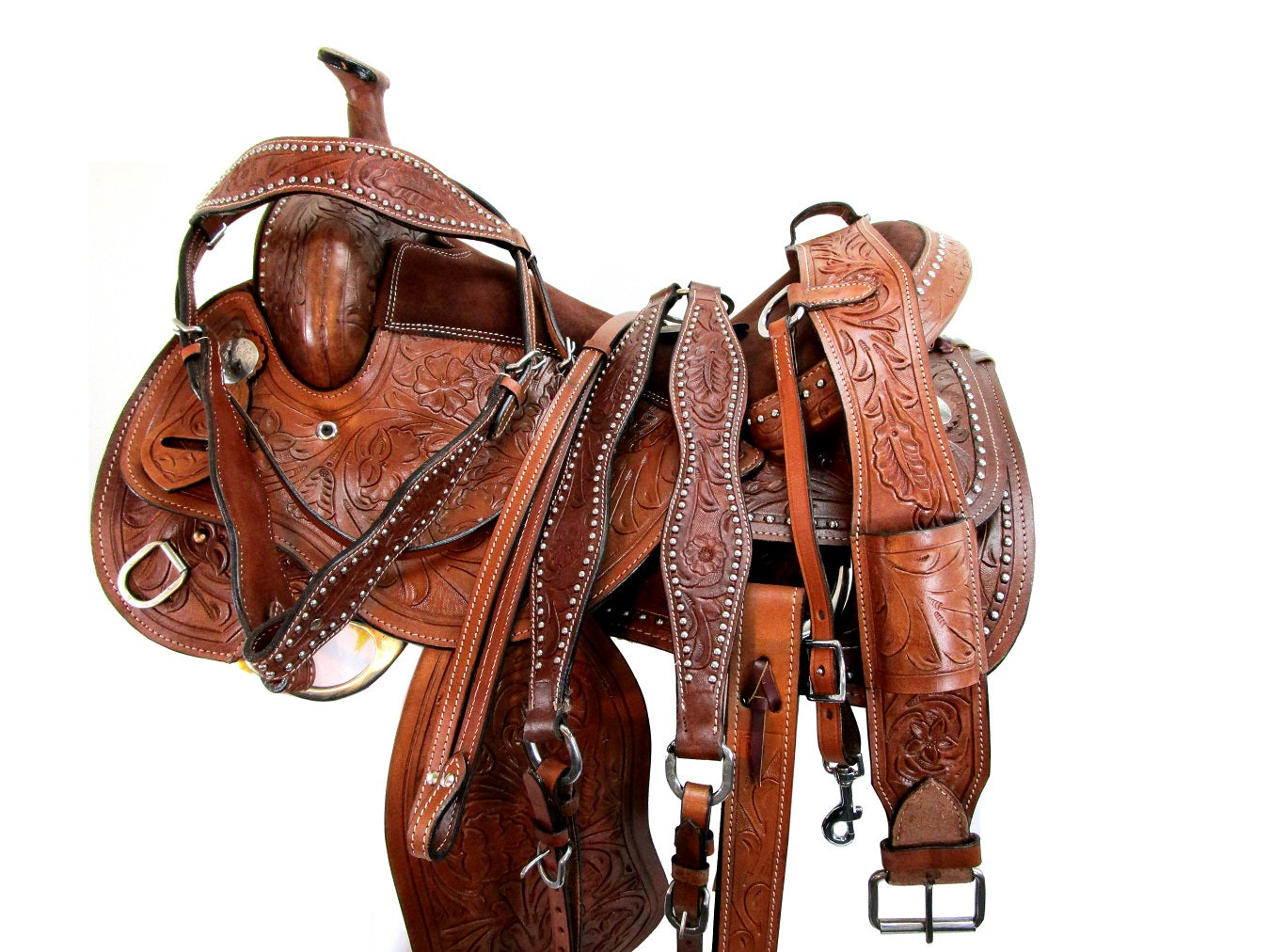 WESTERN LEATHER BARREL HORSE PLEASURE TRAIL SADDLE TOOLED TACK SET LATIGO  REINS