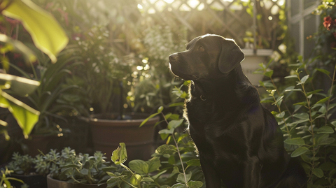 a black lab in a garden