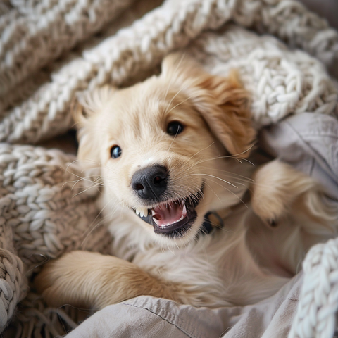 a teething puppy in blankets