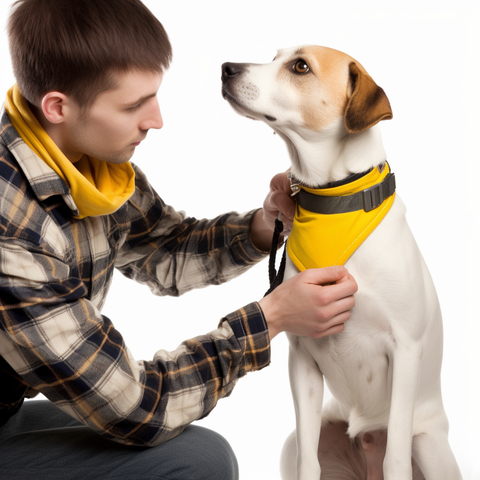 une image d'un homme inspectant l'ajustement du collier de son chien