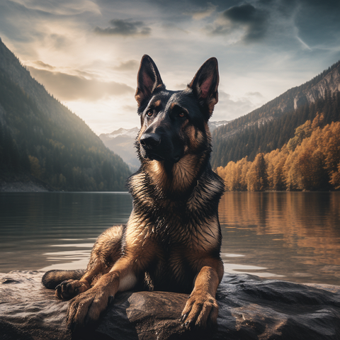 stock_photo_of_a_GSD_posing_in_front_of un lac