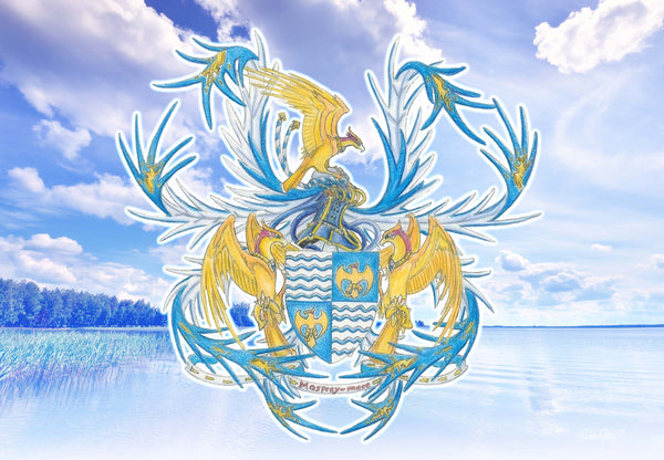 Crest of Mosprey-mere with golden hawks and a lake and sky