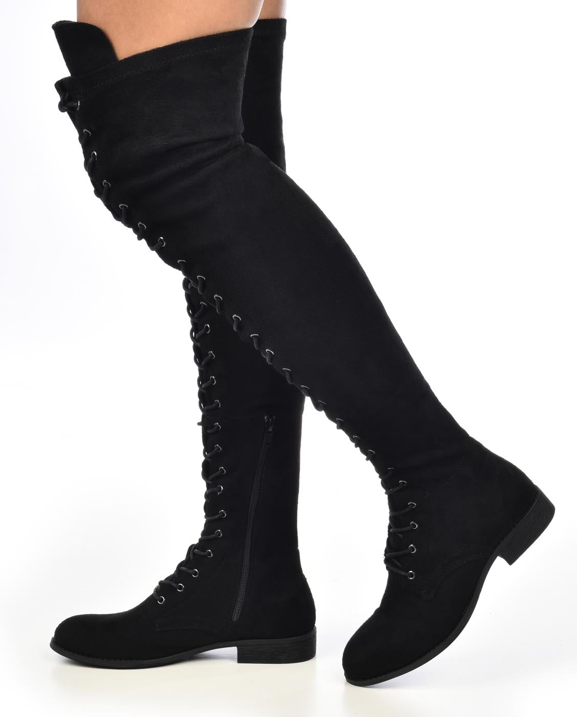 Ultra Suede Lace Up Thigh High Boots 