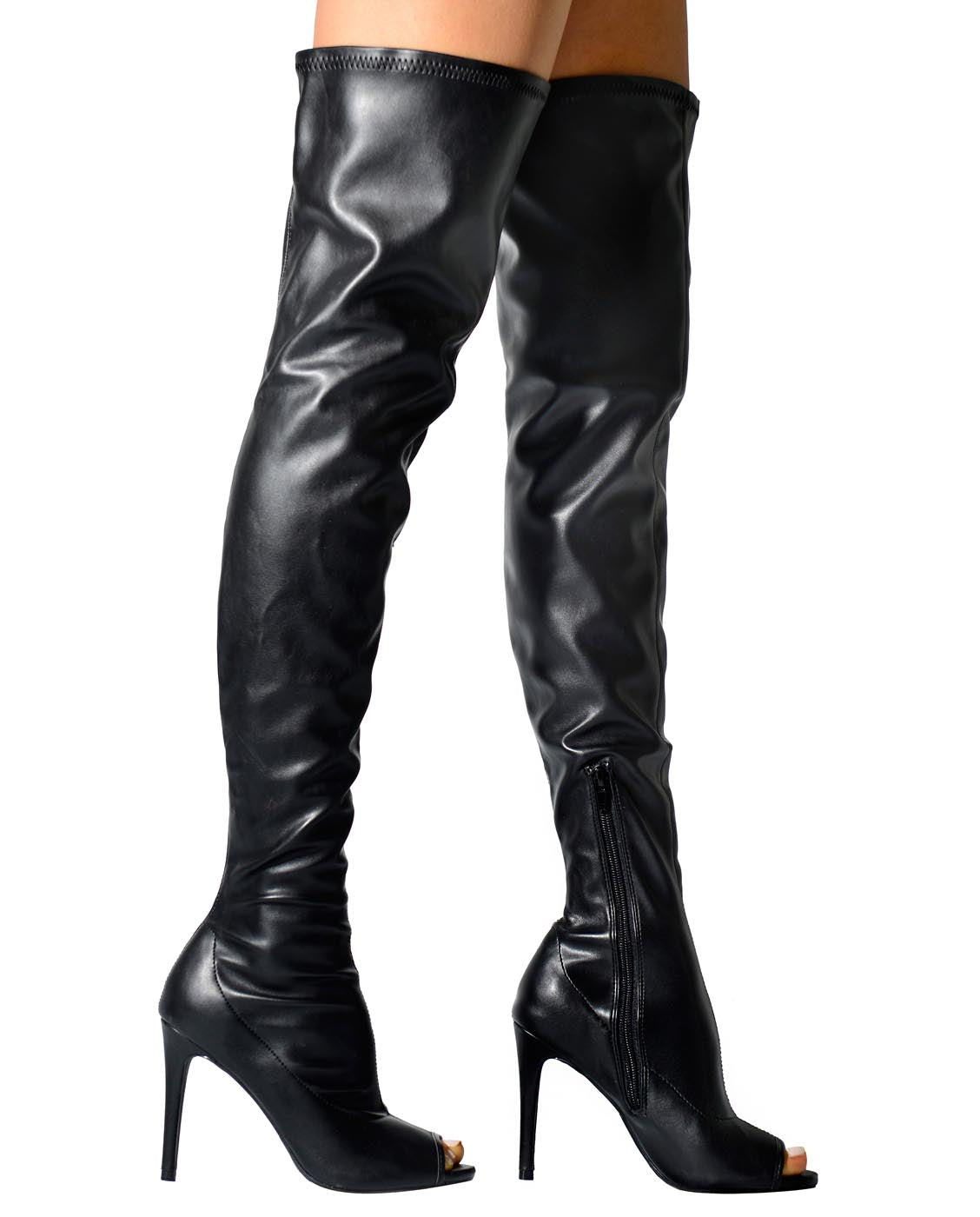 high knee open toe boots