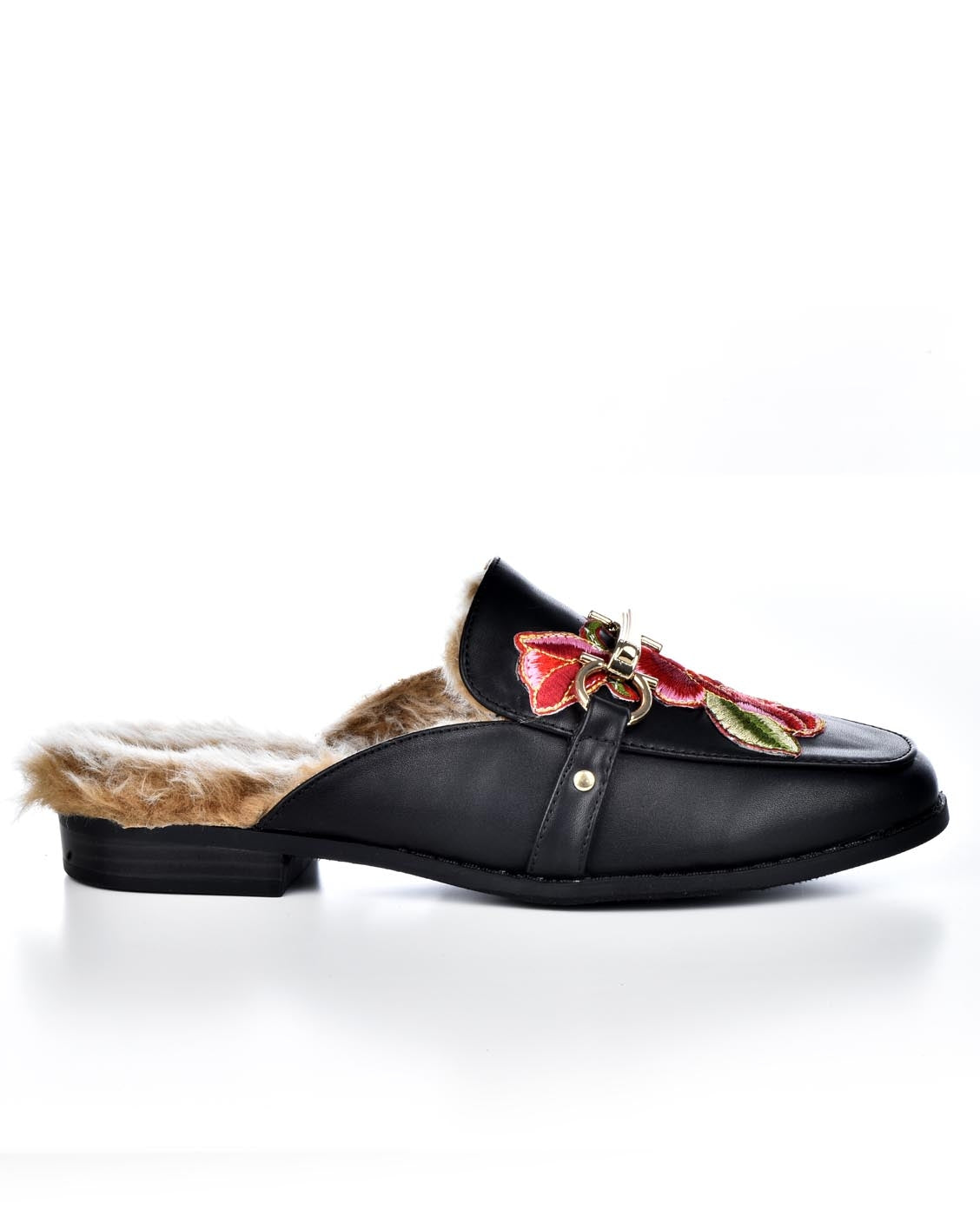 faux fur trim loafer mules