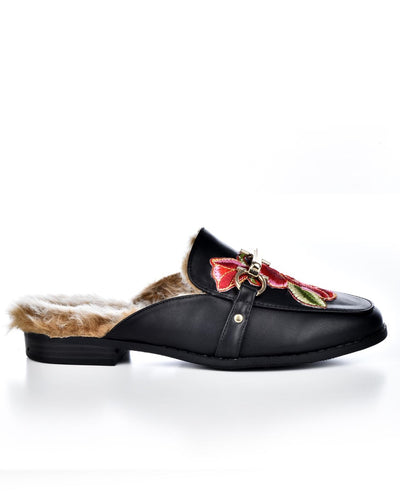 Furry Loafer Mules with Rose Applique 