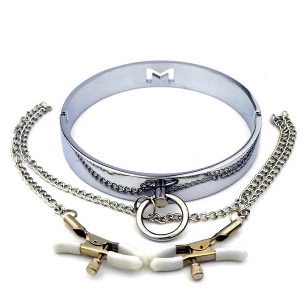 Stainless Steel Collar with Nipple Clamps | BDSM Collar Store