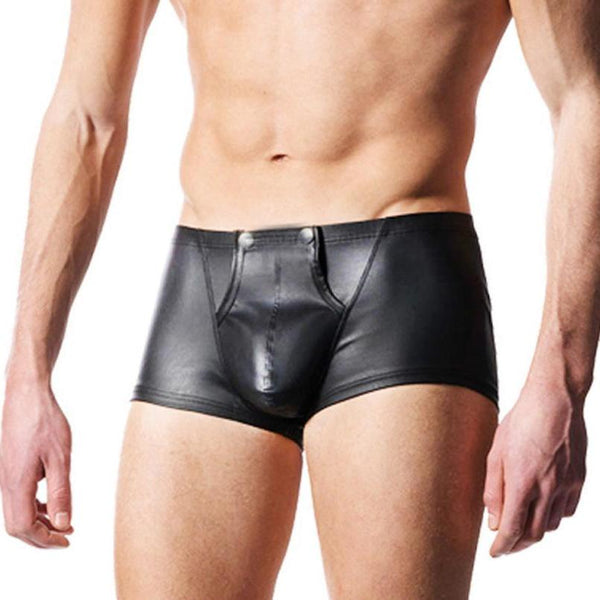 Men's Bulge Pouch Boxer Briefs, Black Vegan Leather | BDSM Collar Store