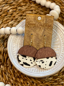 Round Wood & Cow Print Earrings