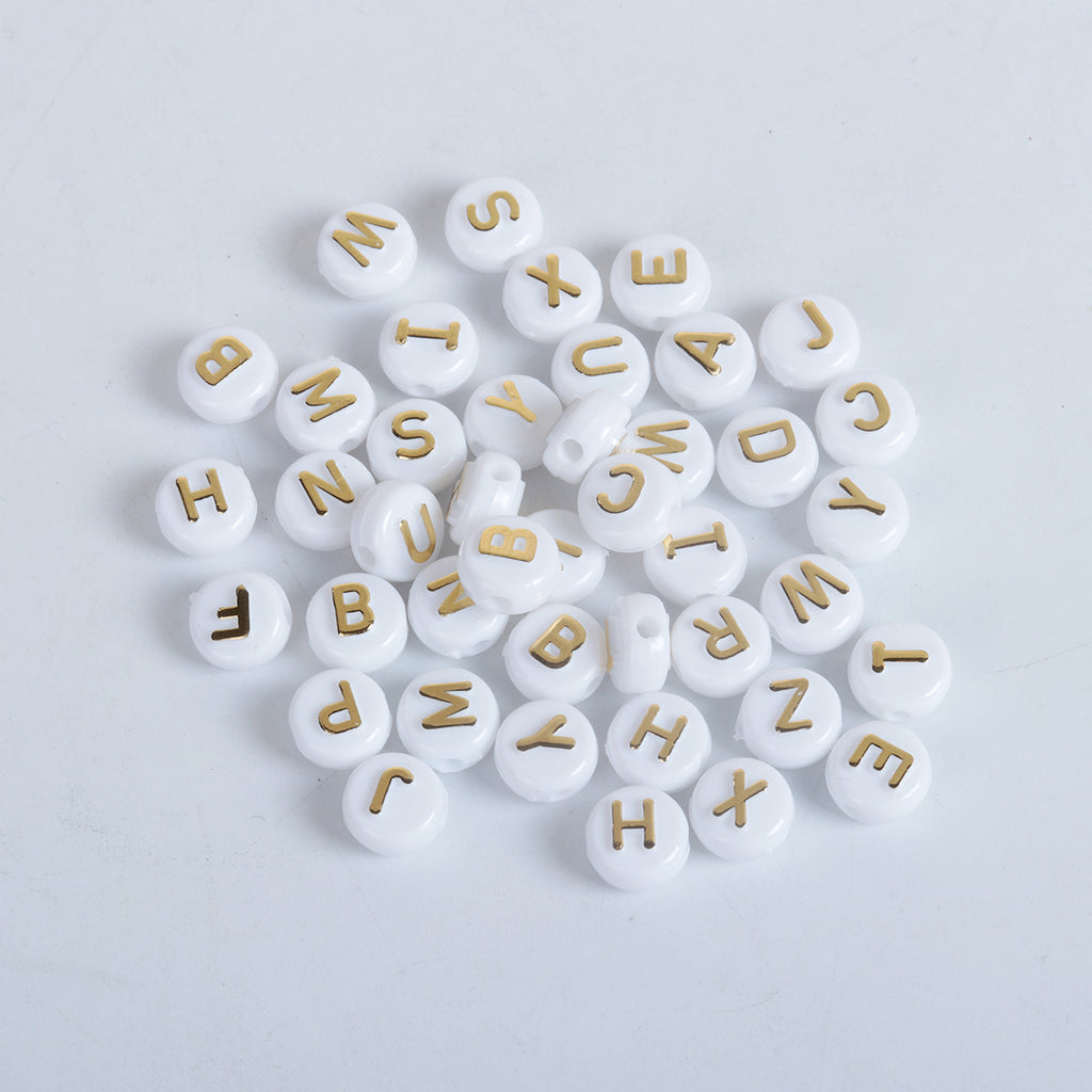 White Opaque 7mm Heart Alpha Beads - Gold Letter Mix (250pcs)