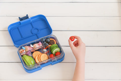 Image of snacks inside YUMBOX Original 6 Compartment Bento Style Lunch Box - True Blue