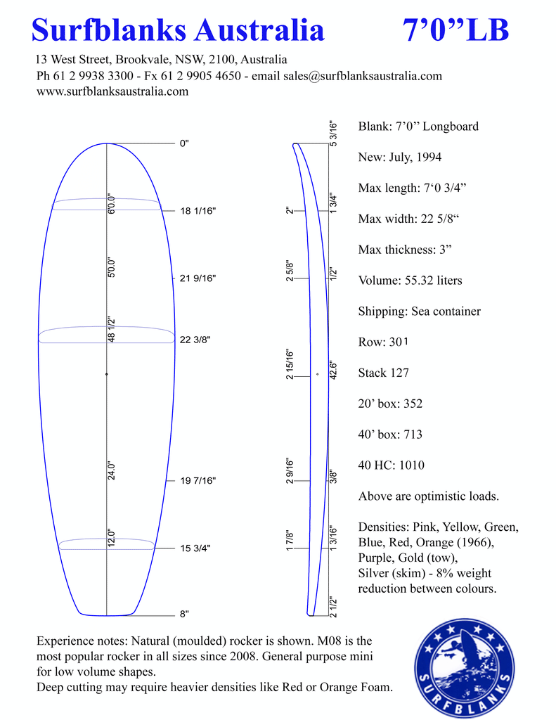 7' 0" Longboard Surfblanks Australia