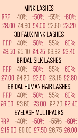 Mollie Cosmetics Pro MUA discount. Discount on all false eyelashes. 40% off when you buy 5+ pairs of lashes. 50% off when you buy 10+ pairs of lashes. 55% off when you buy 15+ pairs of lashes. 60% off when you buy 20+ pairs of lashes. Discount automatically applied at the checkout.